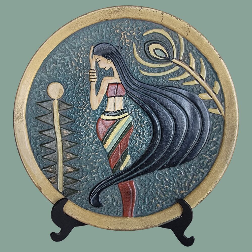 Vintage 1970s Chinese Modern (Yunnan) Dai Woman Embossed Clay Plate